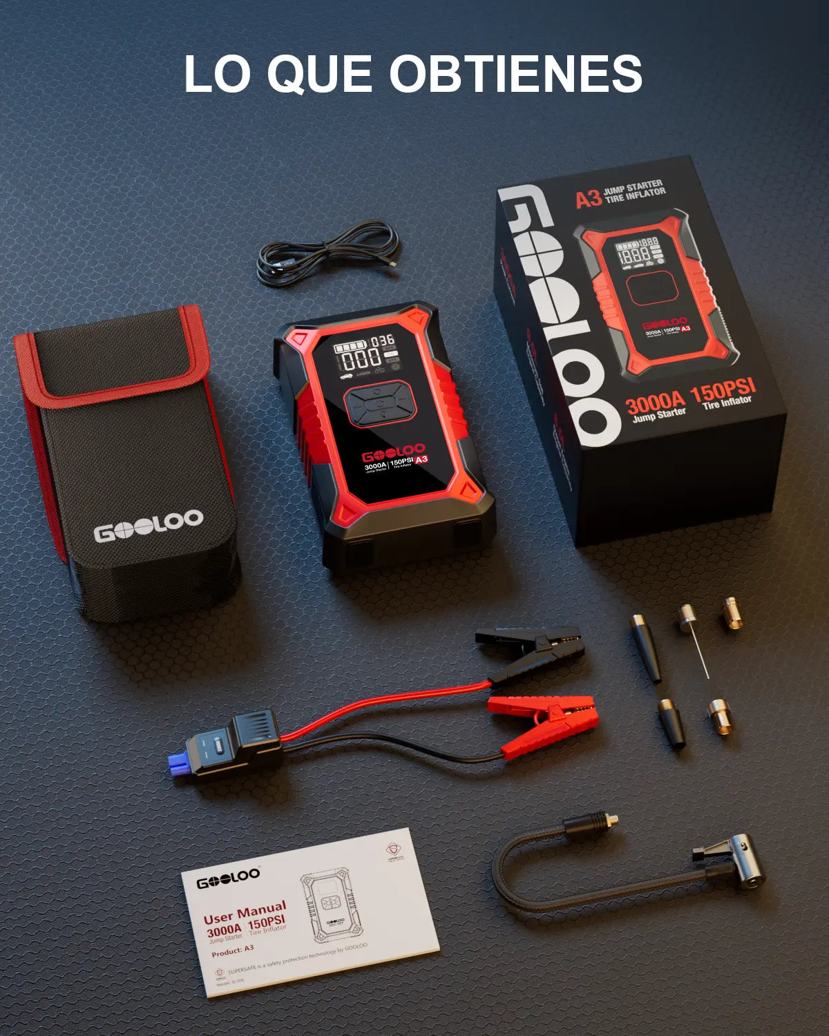 GOOLOO A3 3000A Battery Jump Starter and Air Compressor with Automatic Shut-off Tire Inflator, 150 PSI - Ultra-Safe 12V Lithium Jump Box, Perfect for Father's Day Gifts