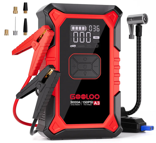 GOOLOO A3 3000A Battery Jump Starter and Air Compressor with Automatic Shut-off Tire Inflator, 150 PSI - Ultra-Safe 12V Lithium Jump Box, Perfect for Father's Day Gifts
