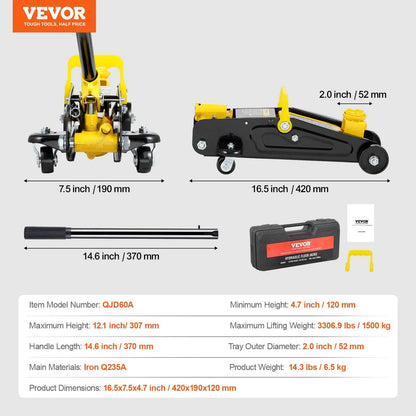 Vevor Low Profile Aluminum Steel Racing Floor Jack with Dual Pump Lift for Automotive Applications