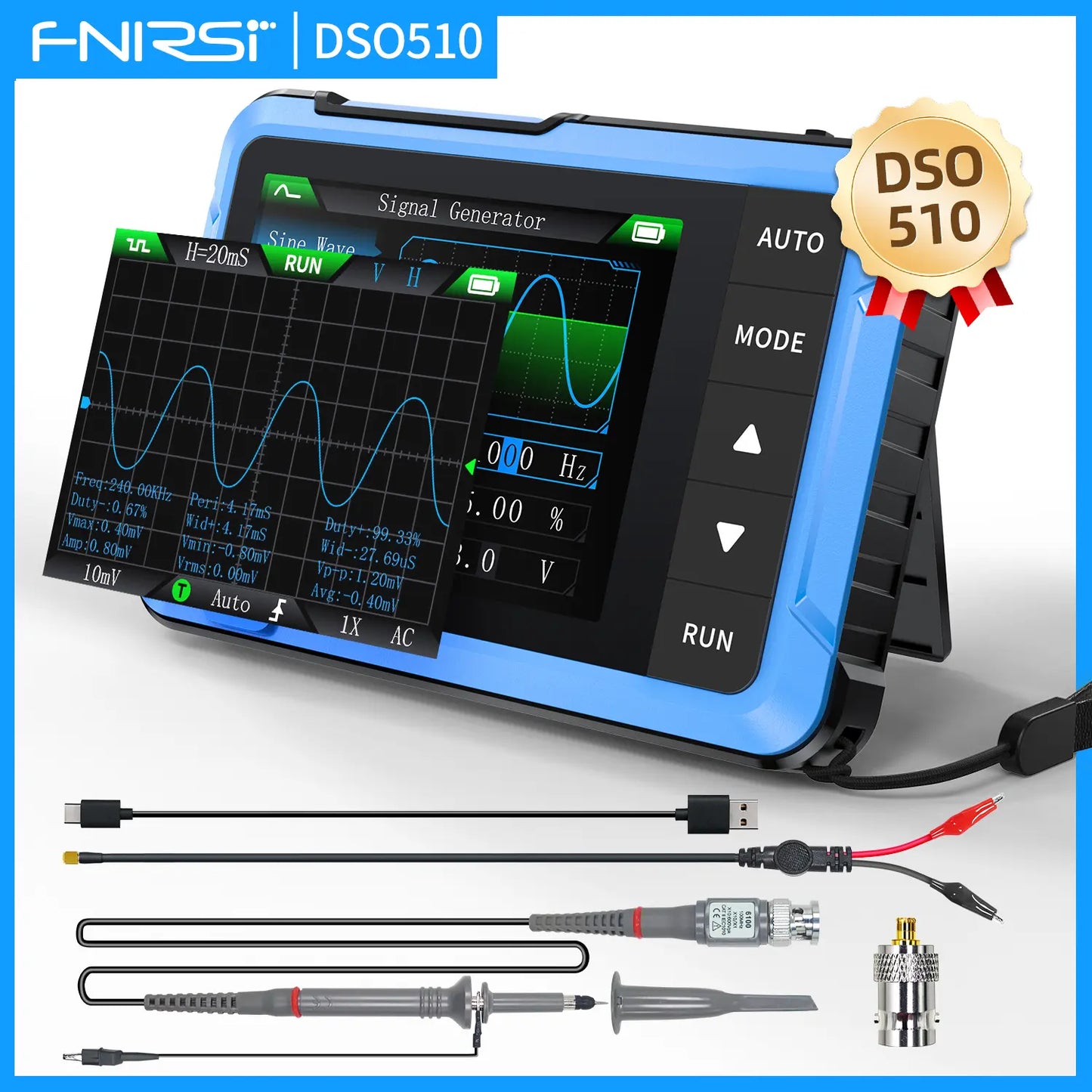 FNIRSI DSO-510 2-in-1 Handheld Oscilloscope and DDS Signal Generator, Portable Digital Automotive Oscilloscope with 2.8-Inch TFT Display, 10MHz Bandwidth, 48MS/s Sampling Rate, and Trigger Function