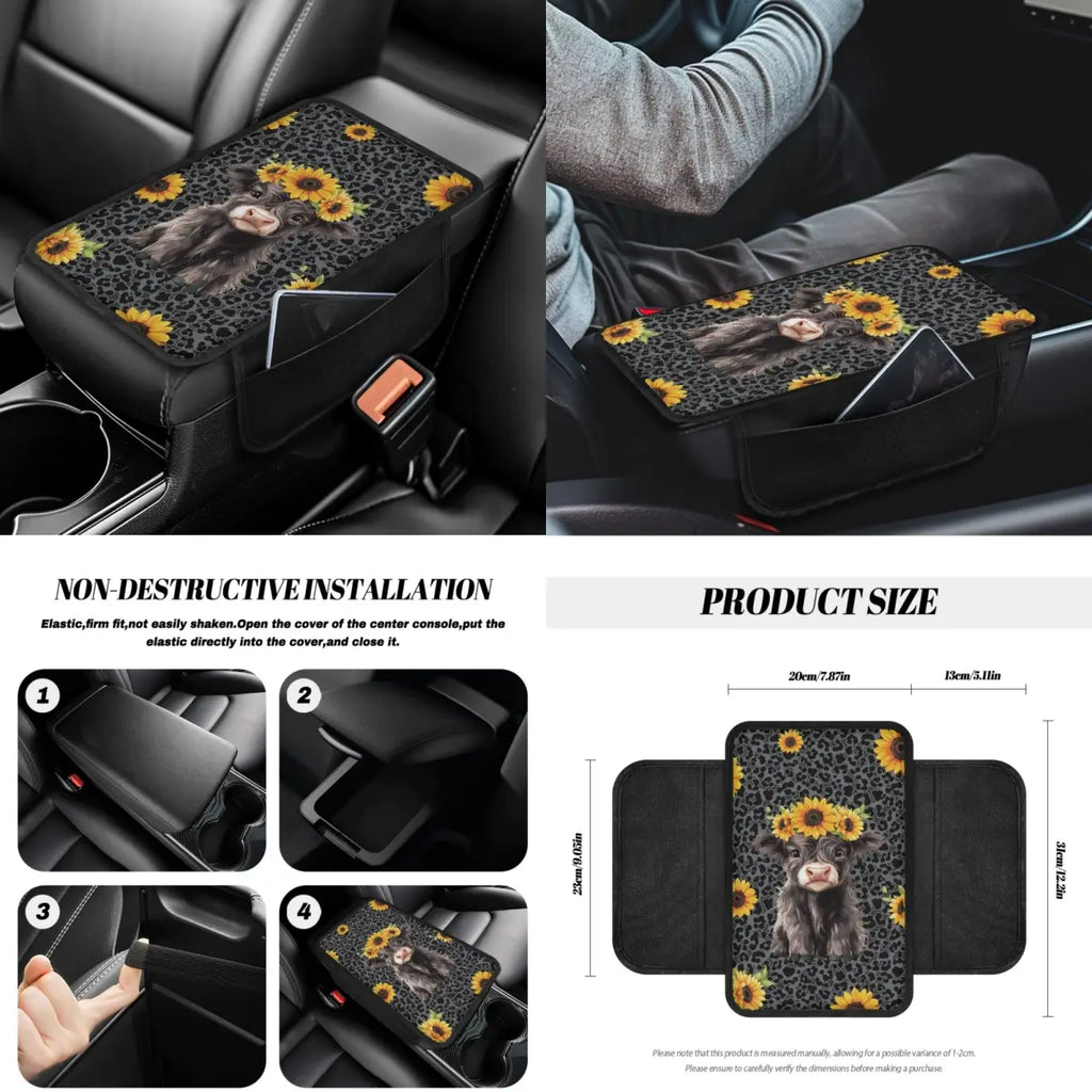 14Pcs Cute Highland Cow and Sunflowers Design Seat Covers Accessories Suitable for Men and Women, Steering Wheel Cover, Armrest Cover, Coaster, Safety Belt Pad, Gear Knob and Handbrake Cover for Men and Women, Auto Stylish Car Decor Car Interior Kit