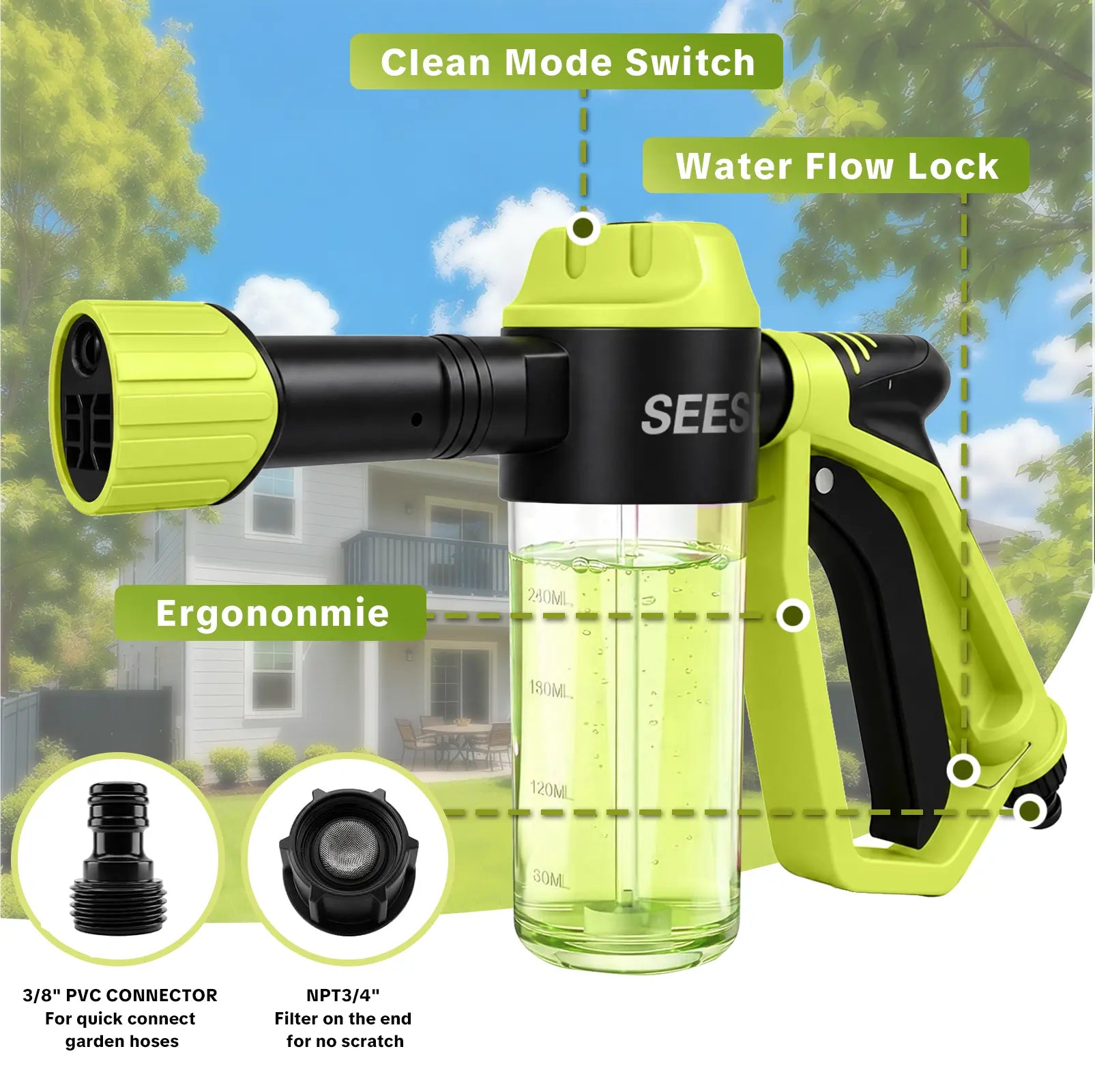 Seese Premium Foam Cannon for Garden Hose - High-Pressure Car Wash Foam Gun with 3 Spray Modes for Vehicles, Including Cars, Trucks, RVs, and Motorcycles