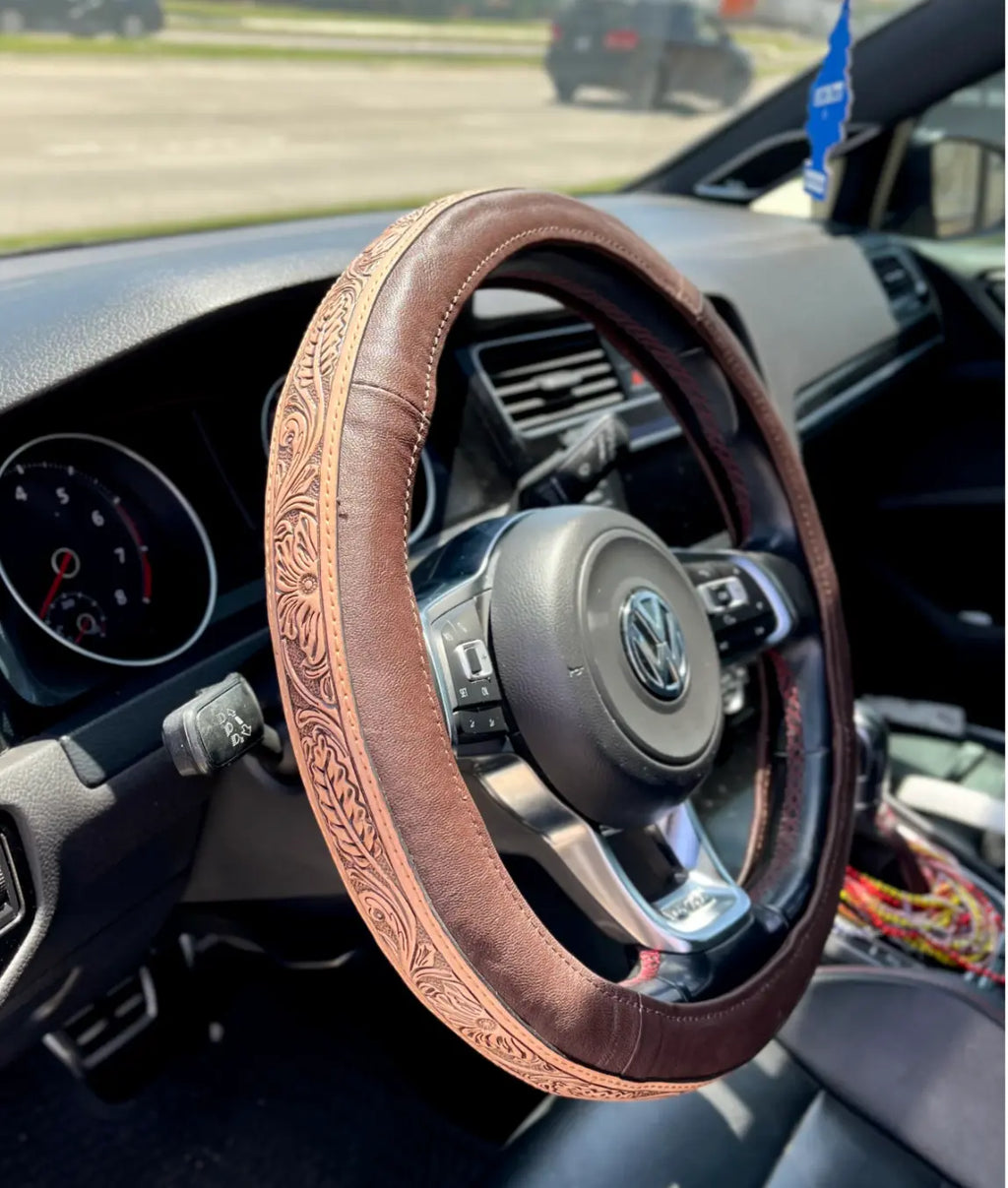 Classic Brown Western Floral Steering Wheel Cover in Tooled Leather