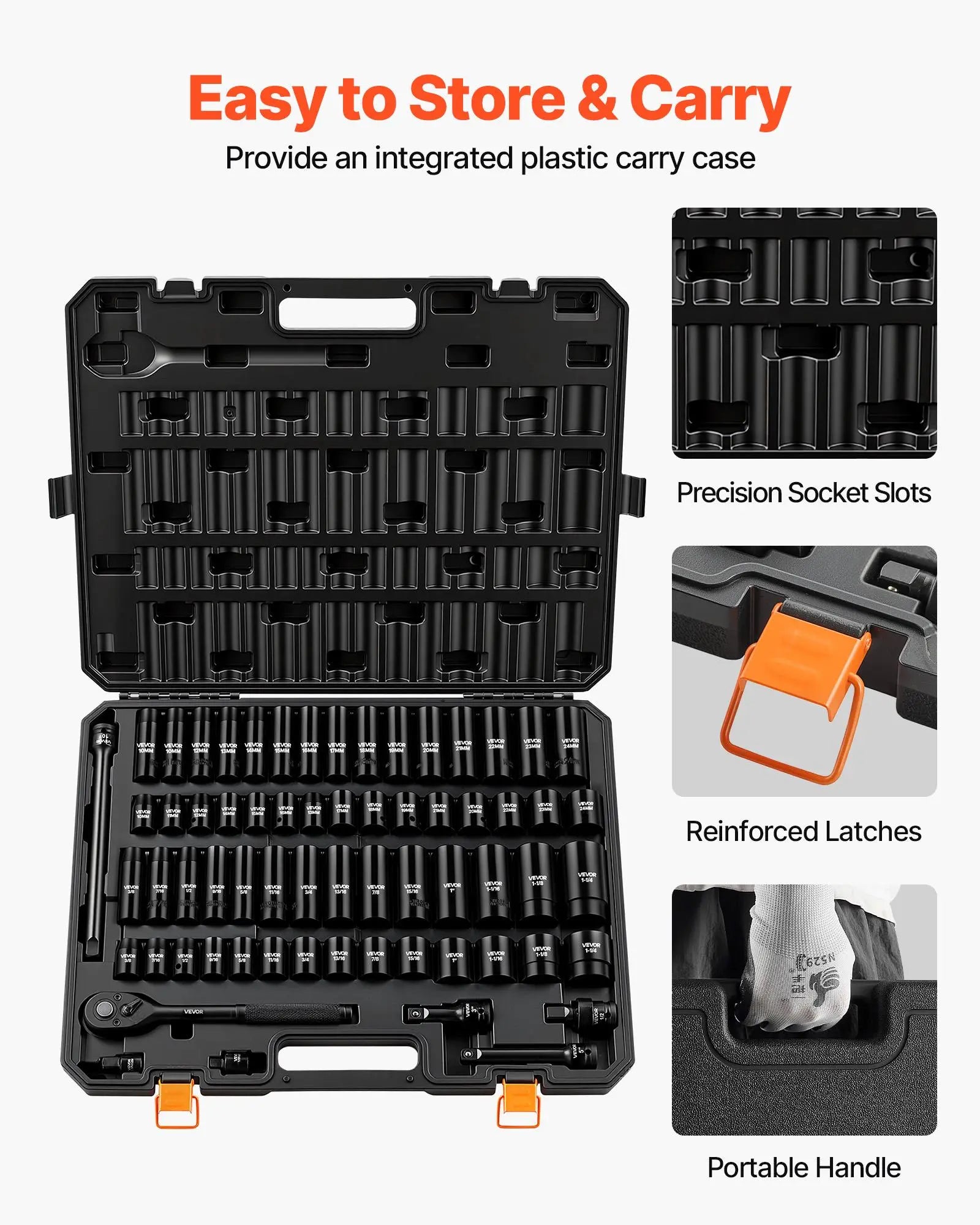 Vevor 65-Piece 1/2" Drive Impact Socket Set - 6-Point SAE (3/8"-1-1/4") & Metric (10-24mm) Sockets with Ratchet Adapter, Crafted from Durable Cr-V Alloy Steel, Includes Easy Identification Features and Robust Storage Case for Automotive Repairs - Perfect for Father's Day Gifts