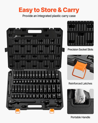 Vevor 65-Piece 1/2" Drive Impact Socket Set - 6-Point SAE (3/8"-1-1/4") & Metric (10-24mm) Sockets with Ratchet Adapter, Crafted from Durable Cr-V Alloy Steel, Includes Easy Identification Features and Robust Storage Case for Automotive Repairs - Perfect for Father's Day Gifts