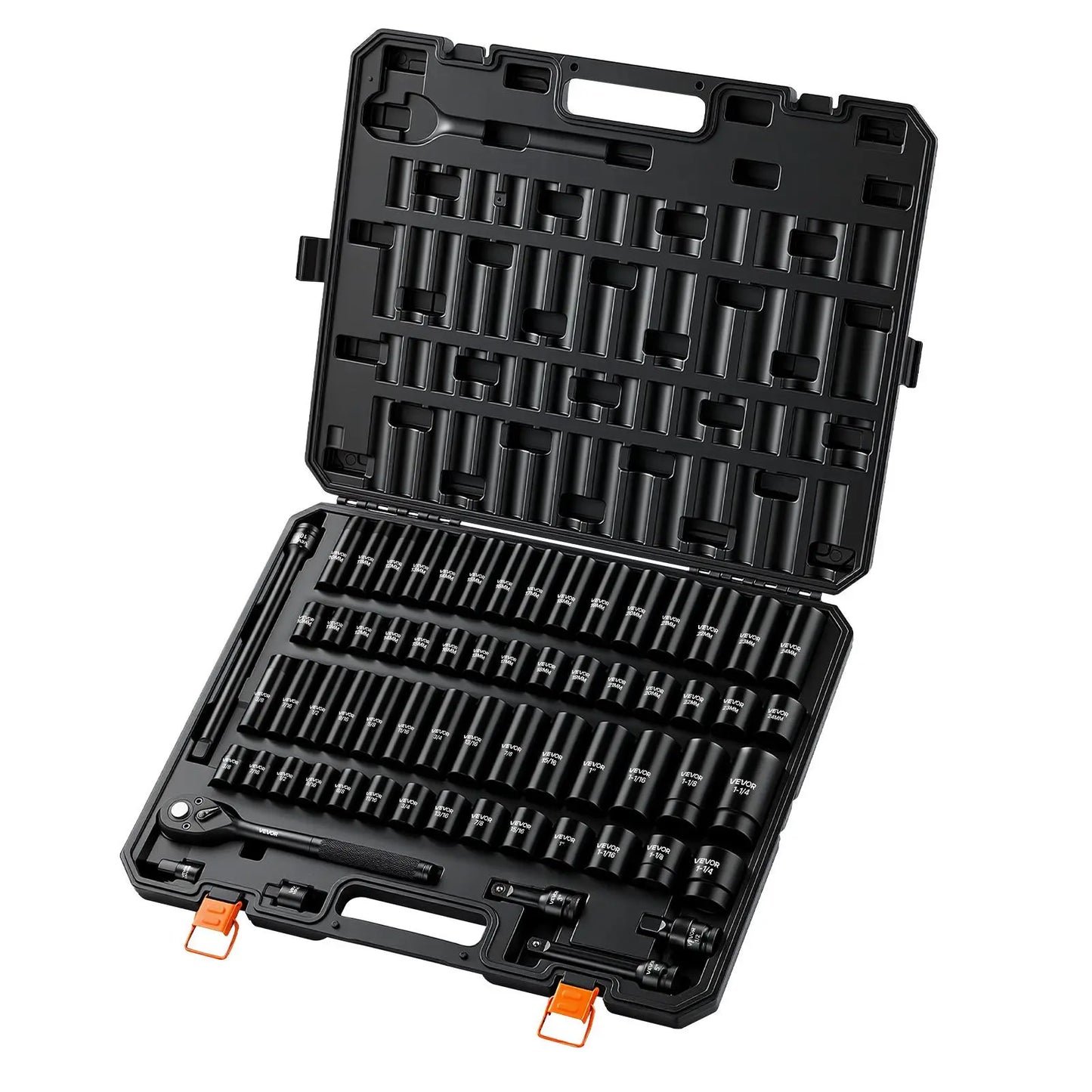 Vevor 65-Piece 1/2" Drive Impact Socket Set - 6-Point SAE (3/8"-1-1/4") & Metric (10-24mm) Sockets with Ratchet Adapter, Crafted from Durable Cr-V Alloy Steel, Includes Easy Identification Features and Robust Storage Case for Automotive Repairs - Perfect for Father's Day Gifts