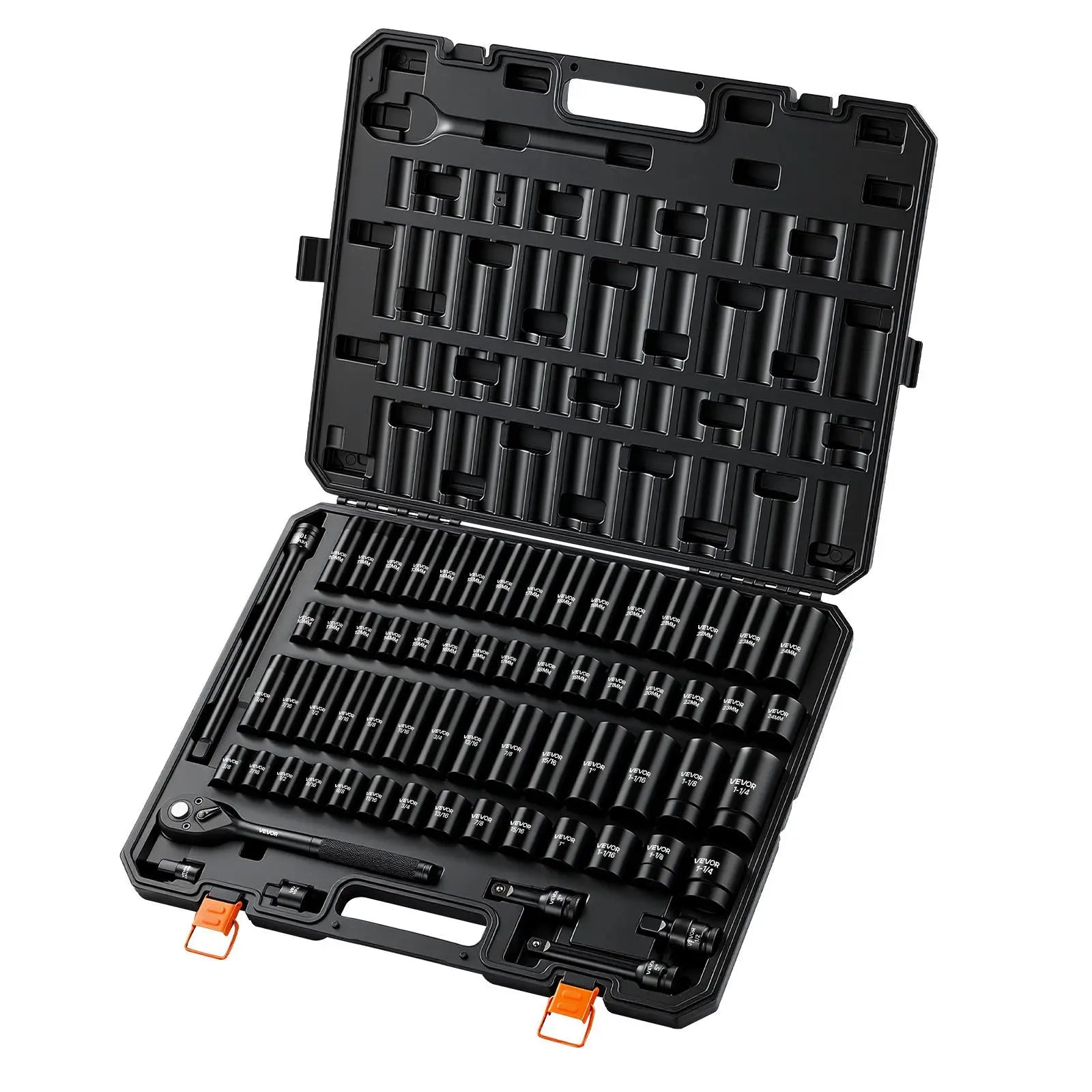 Vevor 65-Piece 1/2" Drive Impact Socket Set - 6-Point SAE (3/8"-1-1/4") & Metric (10-24mm) Sockets with Ratchet Adapter, Crafted from Durable Cr-V Alloy Steel, Includes Easy Identification Features and Robust Storage Case for Automotive Repairs - Perfect for Father's Day Gifts