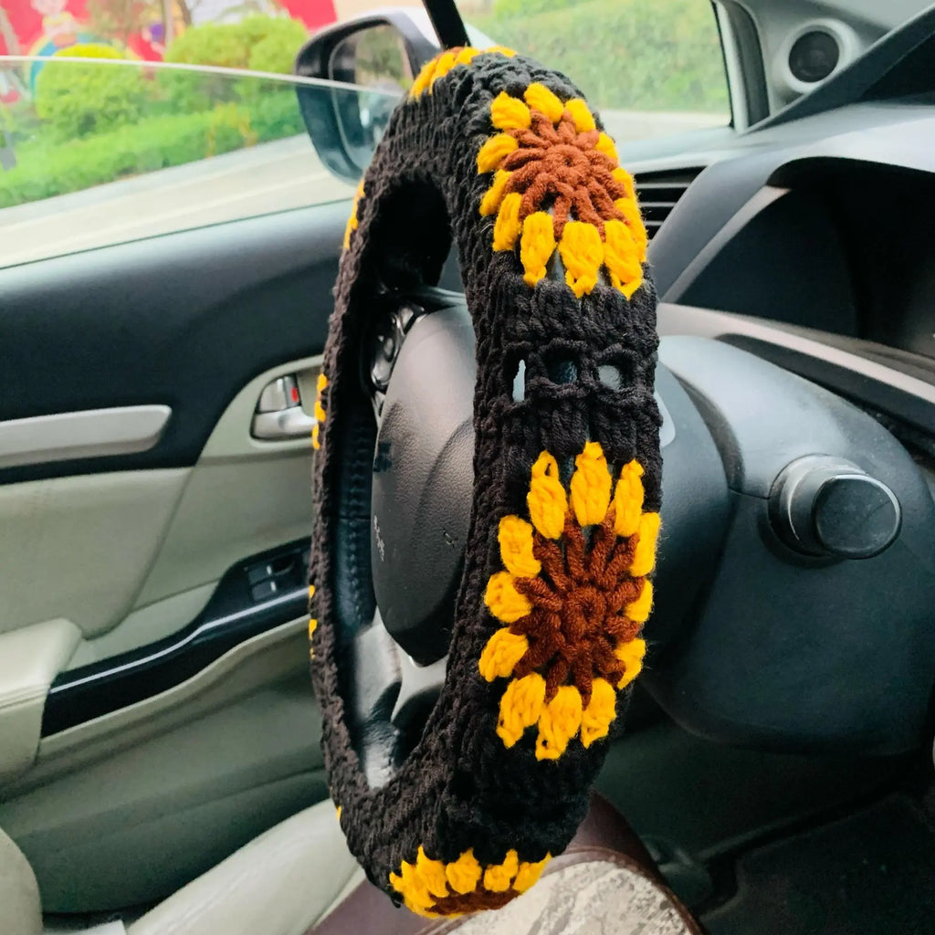 Sunflower Design Universal Non-Slip Steering Wheel Cover - Crochet Car Accessory