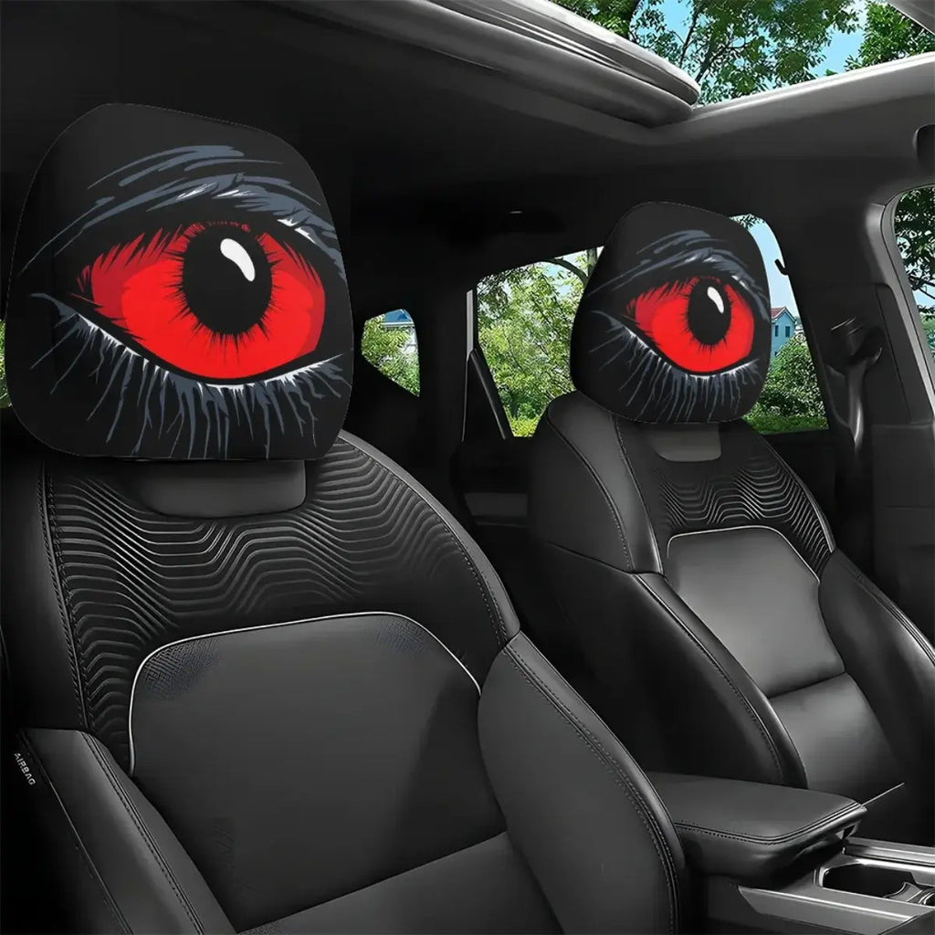 Gm-Compatible 2-Pcs Red Devil'S Eye Car Seat Headrest Covers - Red & Black Gothic Design, Washable Cotton Vehicle Accessories, Auto Accessories for Car Fathersdaygift Car Decor
