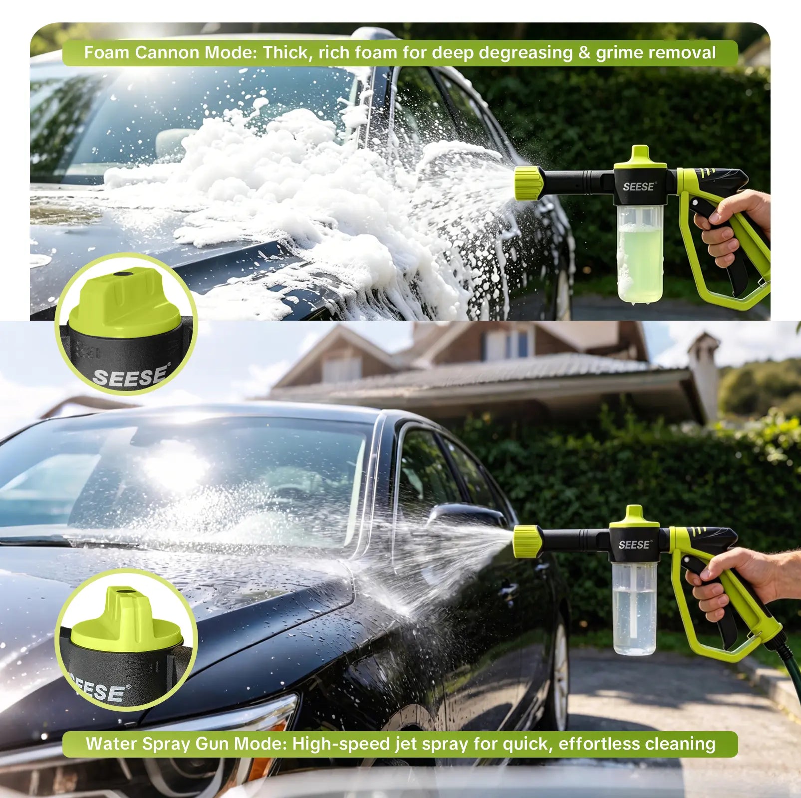 Seese Premium Foam Cannon for Garden Hose - High-Pressure Car Wash Foam Gun with 3 Spray Modes for Vehicles, Including Cars, Trucks, RVs, and Motorcycles