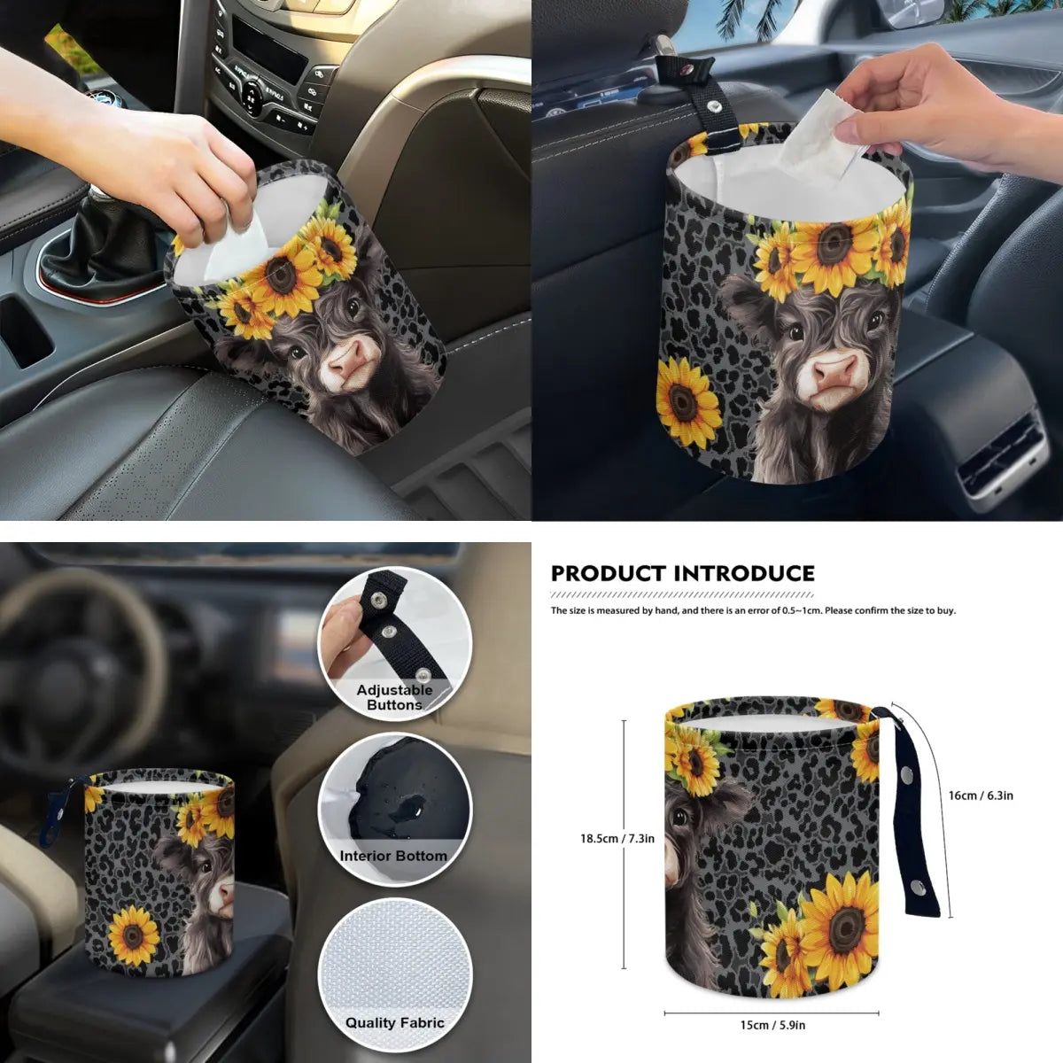 14Pcs Cute Highland Cow and Sunflowers Design Seat Covers Accessories Suitable for Men and Women, Steering Wheel Cover, Armrest Cover, Coaster, Safety Belt Pad, Gear Knob and Handbrake Cover for Men and Women, Auto Stylish Car Decor Car Interior Kit