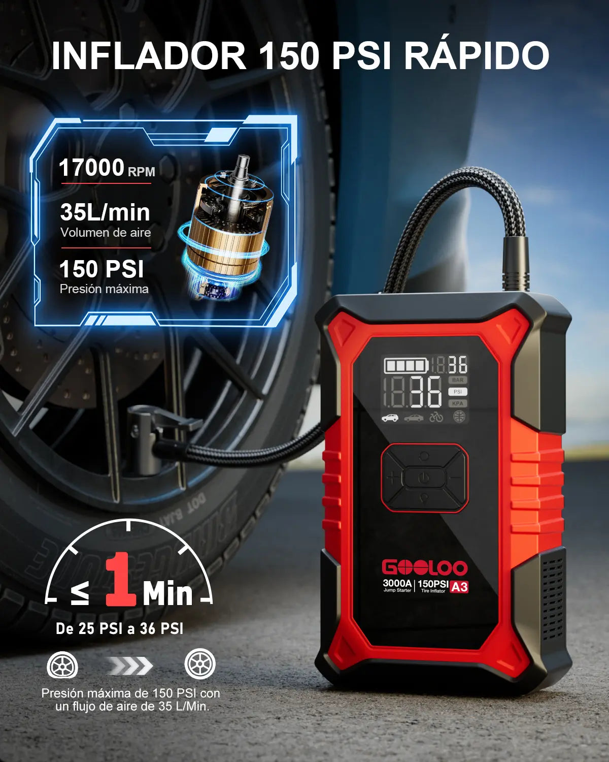 GOOLOO A3 3000A Battery Jump Starter and Air Compressor with Automatic Shut-off Tire Inflator, 150 PSI - Ultra-Safe 12V Lithium Jump Box, Perfect for Father's Day Gifts