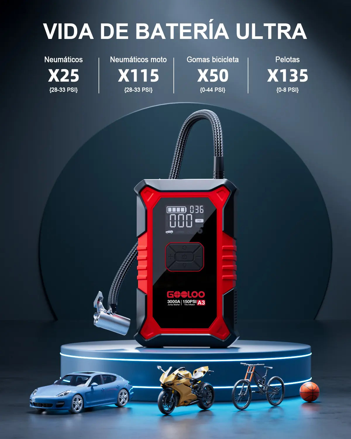 GOOLOO A3 3000A Battery Jump Starter and Air Compressor with Automatic Shut-off Tire Inflator, 150 PSI - Ultra-Safe 12V Lithium Jump Box, Perfect for Father's Day Gifts