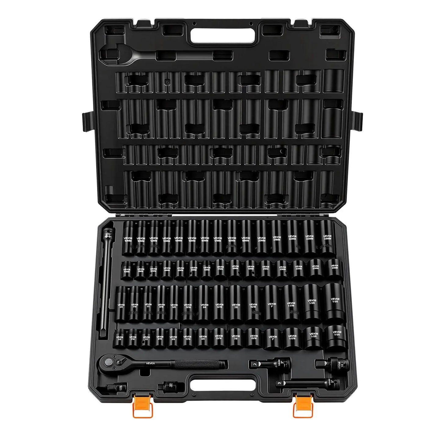 Vevor 65-Piece 1/2" Drive Impact Socket Set - 6-Point SAE (3/8"-1-1/4") & Metric (10-24mm) Sockets with Ratchet Adapter, Crafted from Durable Cr-V Alloy Steel, Includes Easy Identification Features and Robust Storage Case for Automotive Repairs - Perfect for Father's Day Gifts