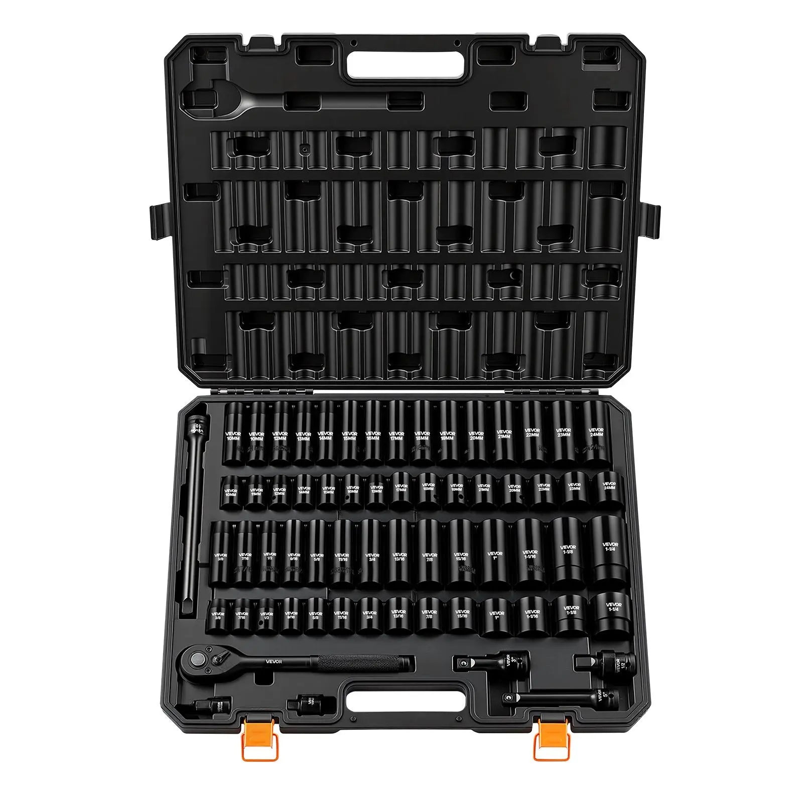 Vevor 65-Piece 1/2" Drive Impact Socket Set - 6-Point SAE (3/8"-1-1/4") & Metric (10-24mm) Sockets with Ratchet Adapter, Crafted from Durable Cr-V Alloy Steel, Includes Easy Identification Features and Robust Storage Case for Automotive Repairs - Perfect for Father's Day Gifts