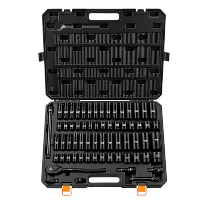 Vevor 65-Piece 1/2" Drive Impact Socket Set - 6-Point SAE (3/8"-1-1/4") & Metric (10-24mm) Sockets with Ratchet Adapter, Crafted from Durable Cr-V Alloy Steel, Includes Easy Identification Features and Robust Storage Case for Automotive Repairs - Perfect for Father's Day Gifts