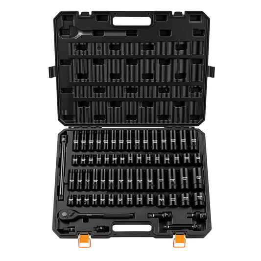 Vevor 65-Piece 1/2" Drive Impact Socket Set - 6-Point SAE (3/8"-1-1/4") & Metric (10-24mm) Sockets with Ratchet Adapter, Crafted from Durable Cr-V Alloy Steel, Includes Easy Identification Features and Robust Storage Case for Automotive Repairs - Perfect for Father's Day Gifts