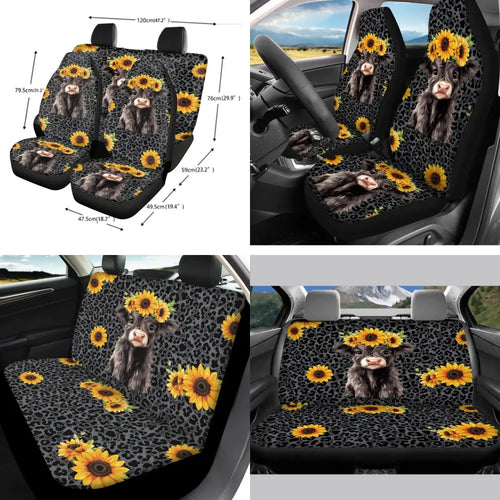 14Pcs Cute Highland Cow and Sunflowers Design Seat Covers Accessories Suitable for Men and Women, Steering Wheel Cover, Armrest Cover, Coaster, Safety Belt Pad, Gear Knob and Handbrake Cover for Men and Women, Auto Stylish Car Decor Car Interior Kit