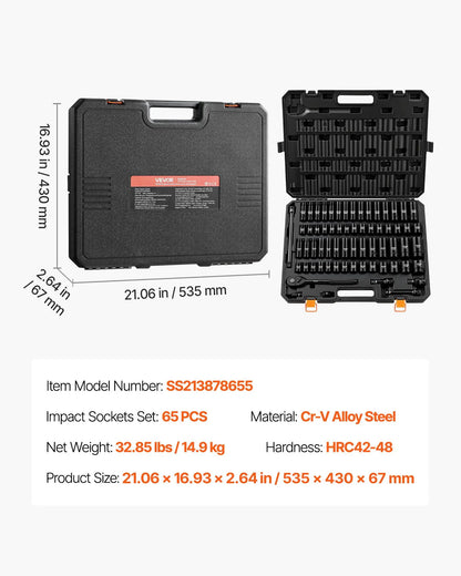 Vevor 65-Piece 1/2" Drive Impact Socket Set - 6-Point SAE (3/8"-1-1/4") & Metric (10-24mm) Sockets with Ratchet Adapter, Crafted from Durable Cr-V Alloy Steel, Includes Easy Identification Features and Robust Storage Case for Automotive Repairs - Perfect for Father's Day Gifts