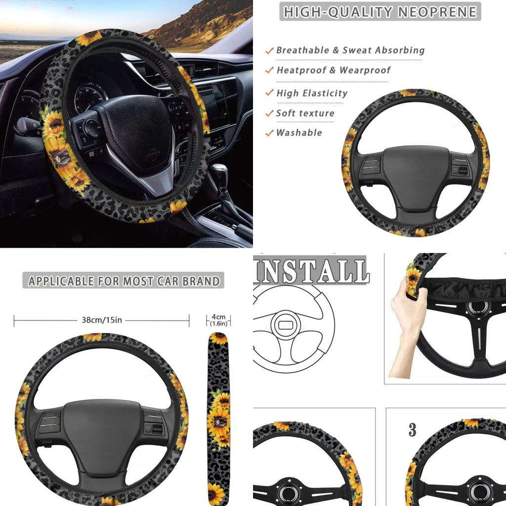 14Pcs Cute Highland Cow and Sunflowers Design Seat Covers Accessories Suitable for Men and Women, Steering Wheel Cover, Armrest Cover, Coaster, Safety Belt Pad, Gear Knob and Handbrake Cover for Men and Women, Auto Stylish Car Decor Car Interior Kit