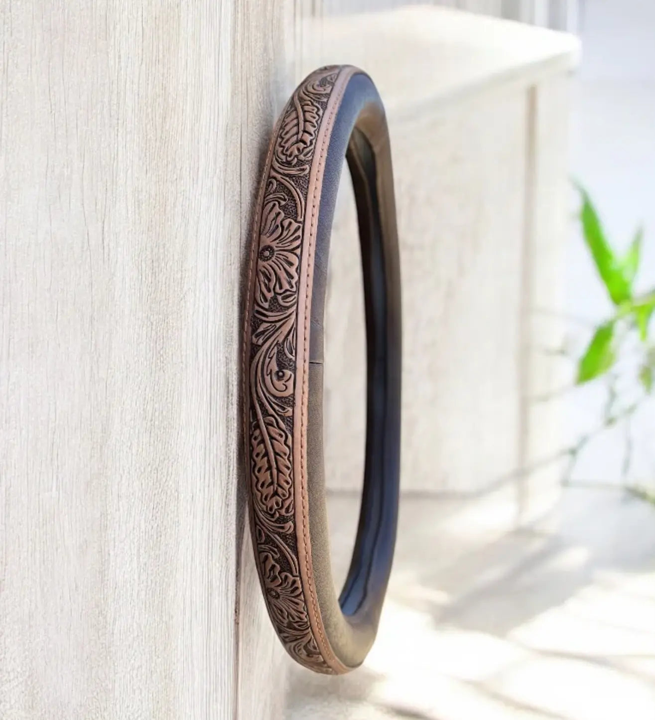 Classic Brown Western Floral Steering Wheel Cover in Tooled Leather