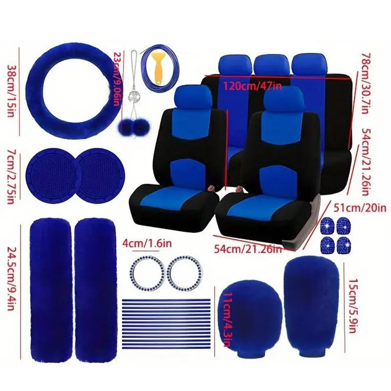 45Pcs Car Seat Covers & Interior Accessories Set, Car Accessory: Car Interior Kit, Thin Summer Polyester Five-Seat Car Seat Covers, Plush Steering Wheel Cover and Other Ornaments, Suitable for Most Cars and Suvs