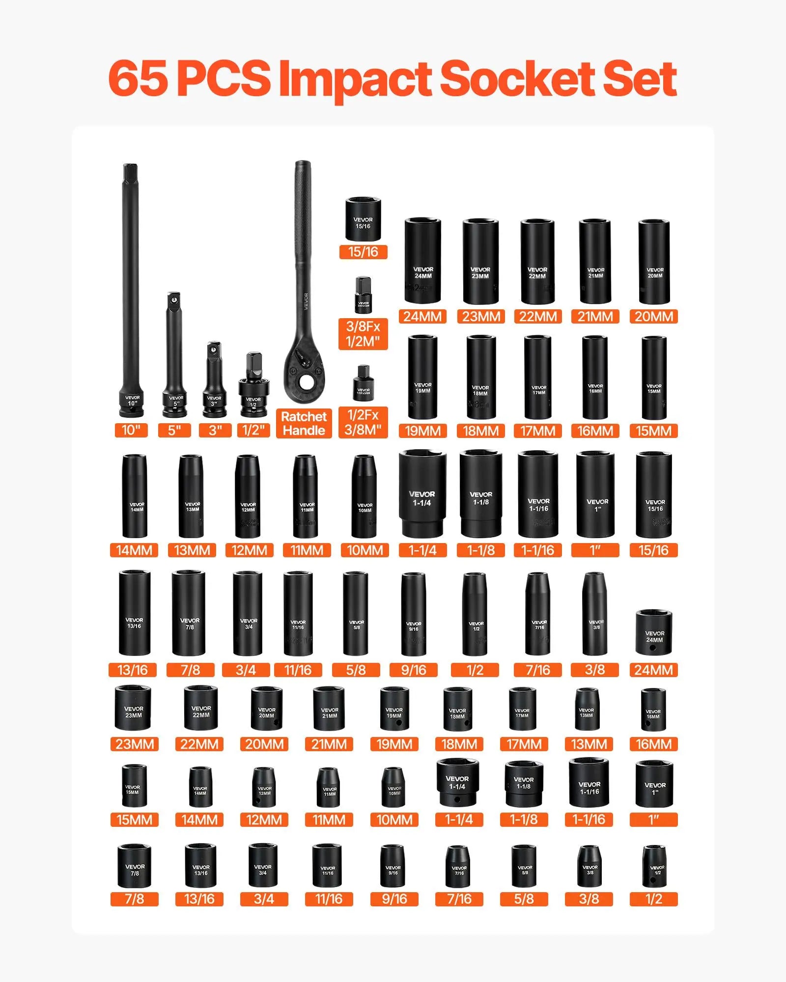 Vevor 65-Piece 1/2" Drive Impact Socket Set - 6-Point SAE (3/8"-1-1/4") & Metric (10-24mm) Sockets with Ratchet Adapter, Crafted from Durable Cr-V Alloy Steel, Includes Easy Identification Features and Robust Storage Case for Automotive Repairs - Perfect for Father's Day Gifts