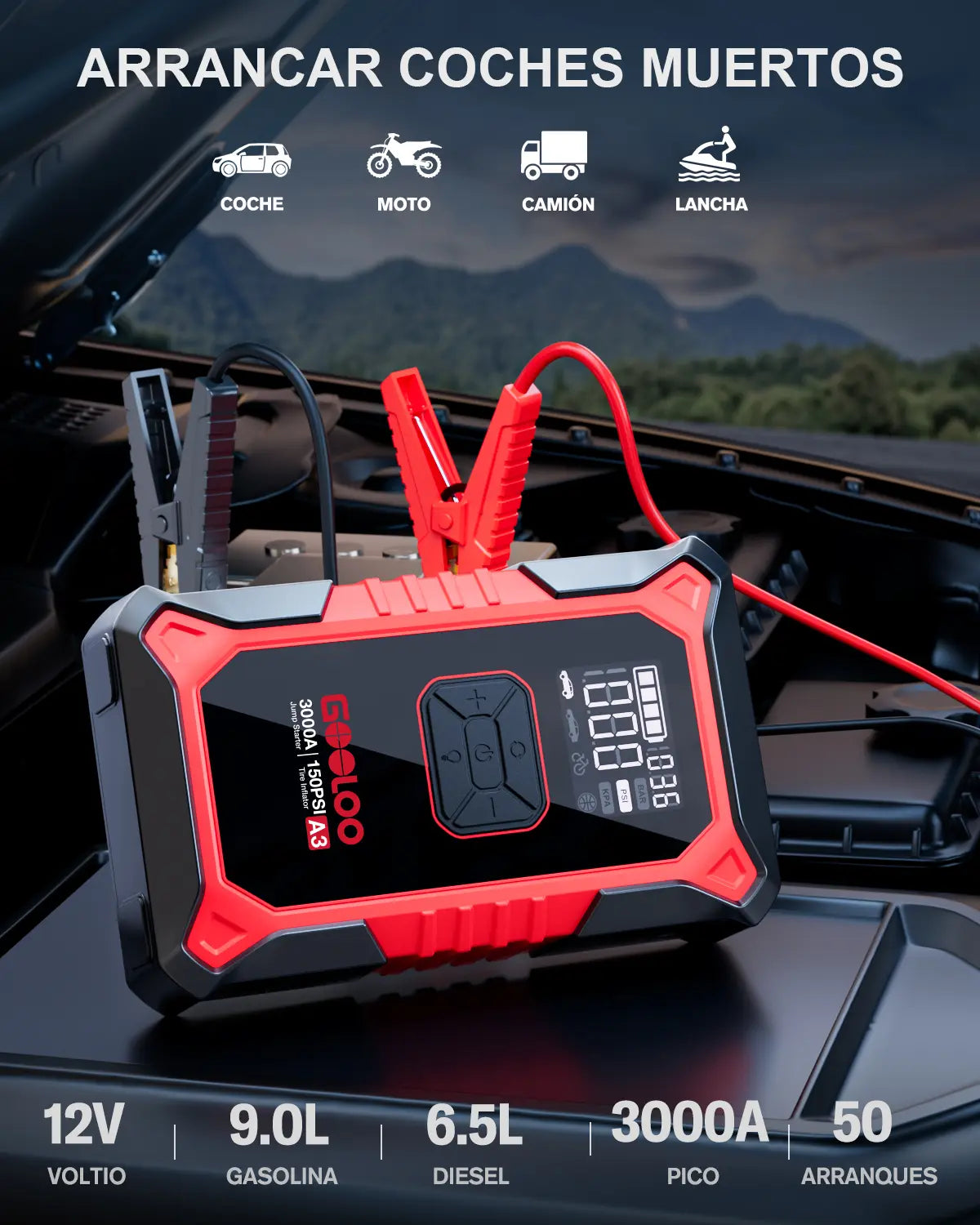 GOOLOO A3 3000A Battery Jump Starter and Air Compressor with Automatic Shut-off Tire Inflator, 150 PSI - Ultra-Safe 12V Lithium Jump Box, Perfect for Father's Day Gifts