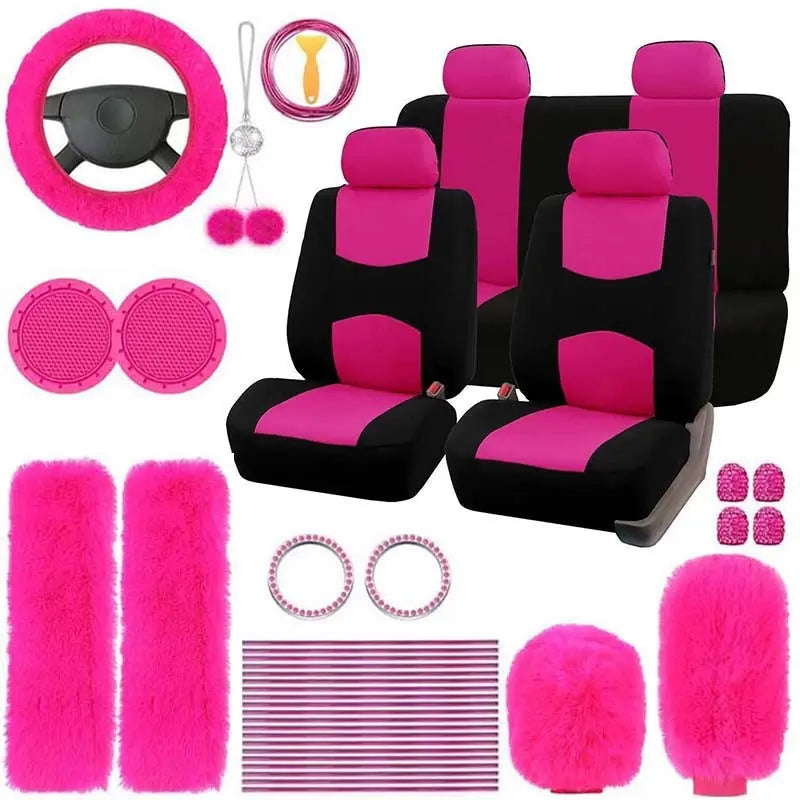 45Pcs Car Seat Covers & Interior Accessories Set, Car Accessory: Car Interior Kit, Thin Summer Polyester Five-Seat Car Seat Covers, Plush Steering Wheel Cover and Other Ornaments, Suitable for Most Cars and Suvs
