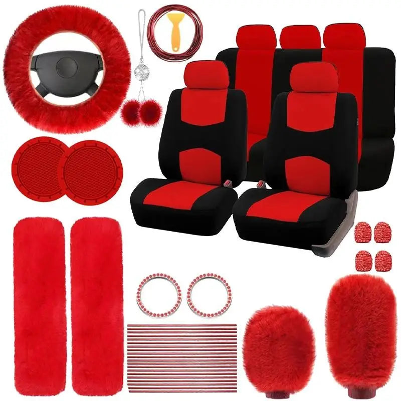 45Pcs Car Seat Covers & Interior Accessories Set, Car Accessory: Car Interior Kit, Thin Summer Polyester Five-Seat Car Seat Covers, Plush Steering Wheel Cover and Other Ornaments, Suitable for Most Cars and Suvs