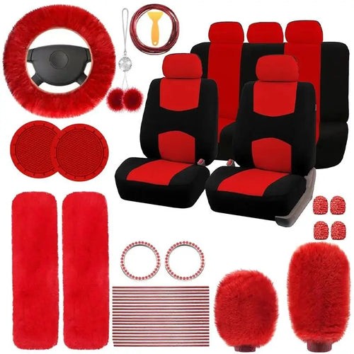 45Pcs Car Seat Covers & Interior Accessories Set, Car Accessory: Car Interior Kit, Thin Summer Polyester Five-Seat Car Seat Covers, Plush Steering Wheel Cover and Other Ornaments, Suitable for Most Cars and Suvs