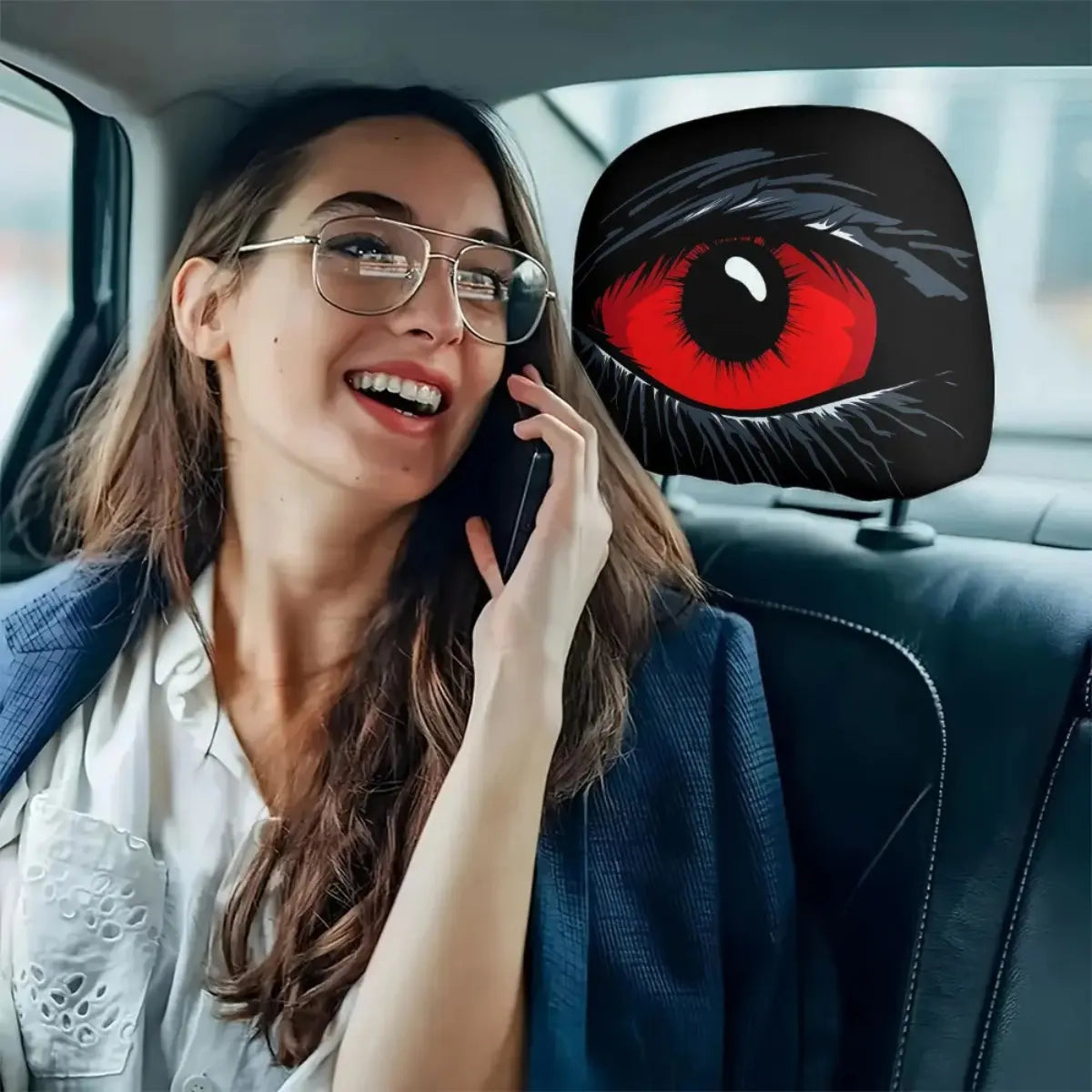 Gm-Compatible 2-Pcs Red Devil'S Eye Car Seat Headrest Covers - Red & Black Gothic Design, Washable Cotton Vehicle Accessories, Auto Accessories for Car Fathersdaygift Car Decor