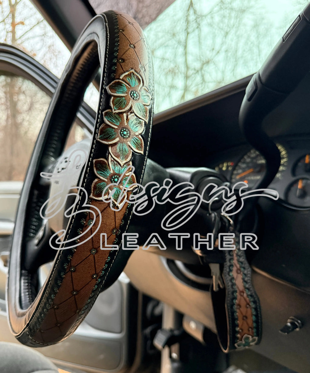 Turquoise Floral Steering Wheel Cover