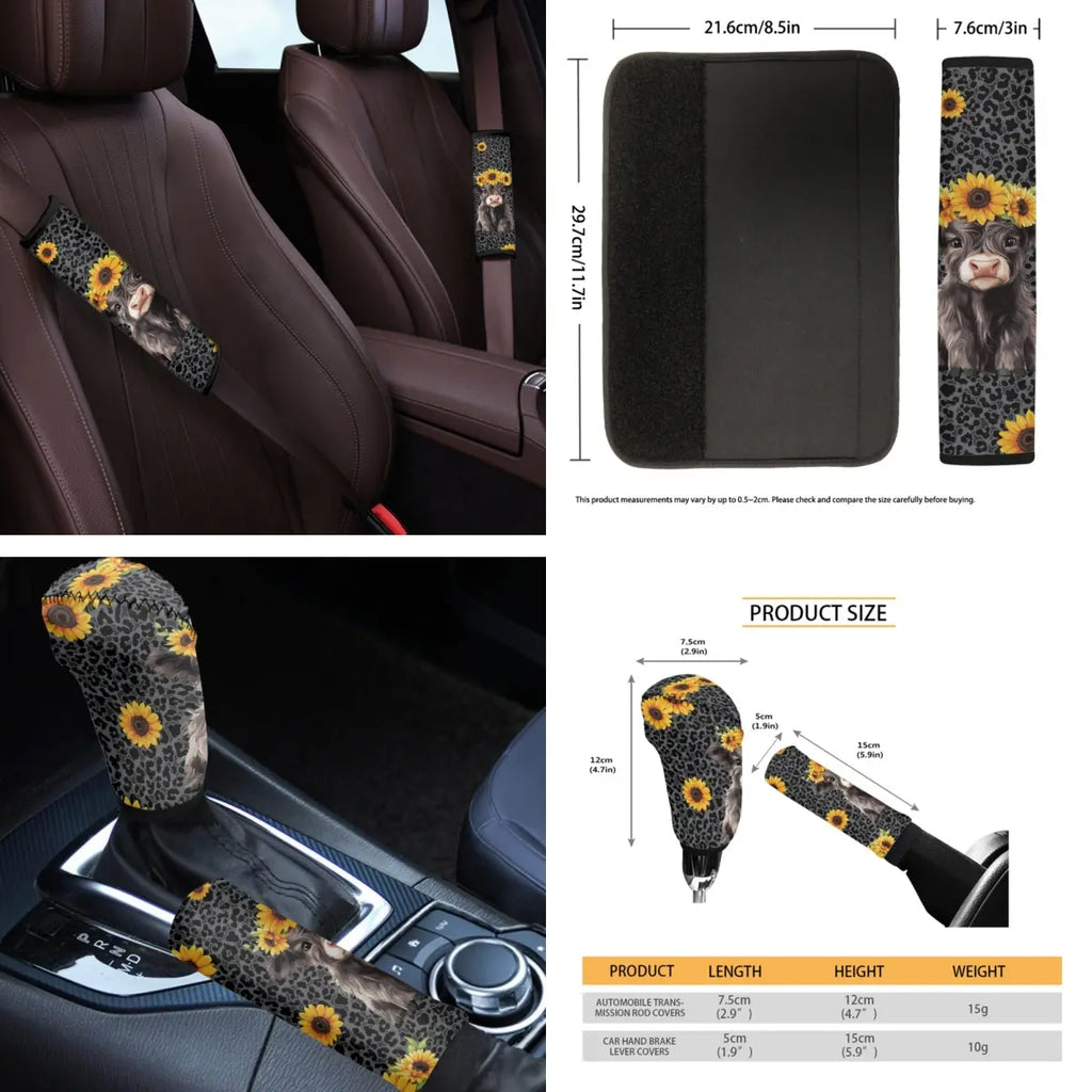 14Pcs Cute Highland Cow and Sunflowers Design Seat Covers Accessories Suitable for Men and Women, Steering Wheel Cover, Armrest Cover, Coaster, Safety Belt Pad, Gear Knob and Handbrake Cover for Men and Women, Auto Stylish Car Decor Car Interior Kit