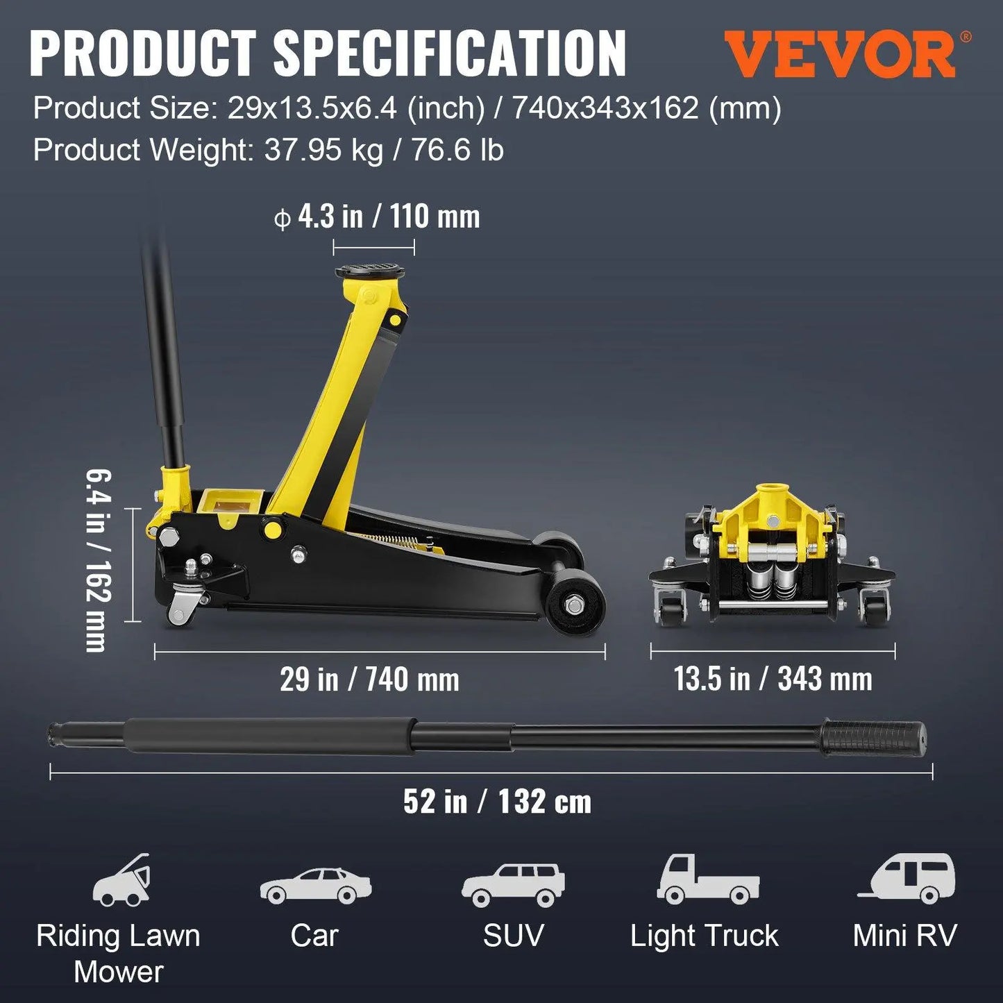 Vevor Low Profile Aluminum Steel Racing Floor Jack with Dual Pump Lift for Automotive Applications