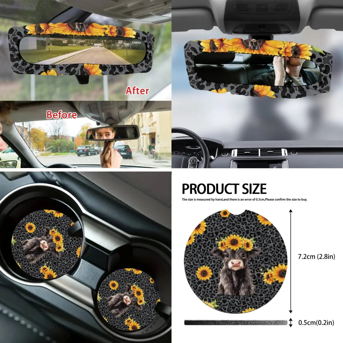 14Pcs Cute Highland Cow and Sunflowers Design Seat Covers Accessories Suitable for Men and Women, Steering Wheel Cover, Armrest Cover, Coaster, Safety Belt Pad, Gear Knob and Handbrake Cover for Men and Women, Auto Stylish Car Decor Car Interior Kit