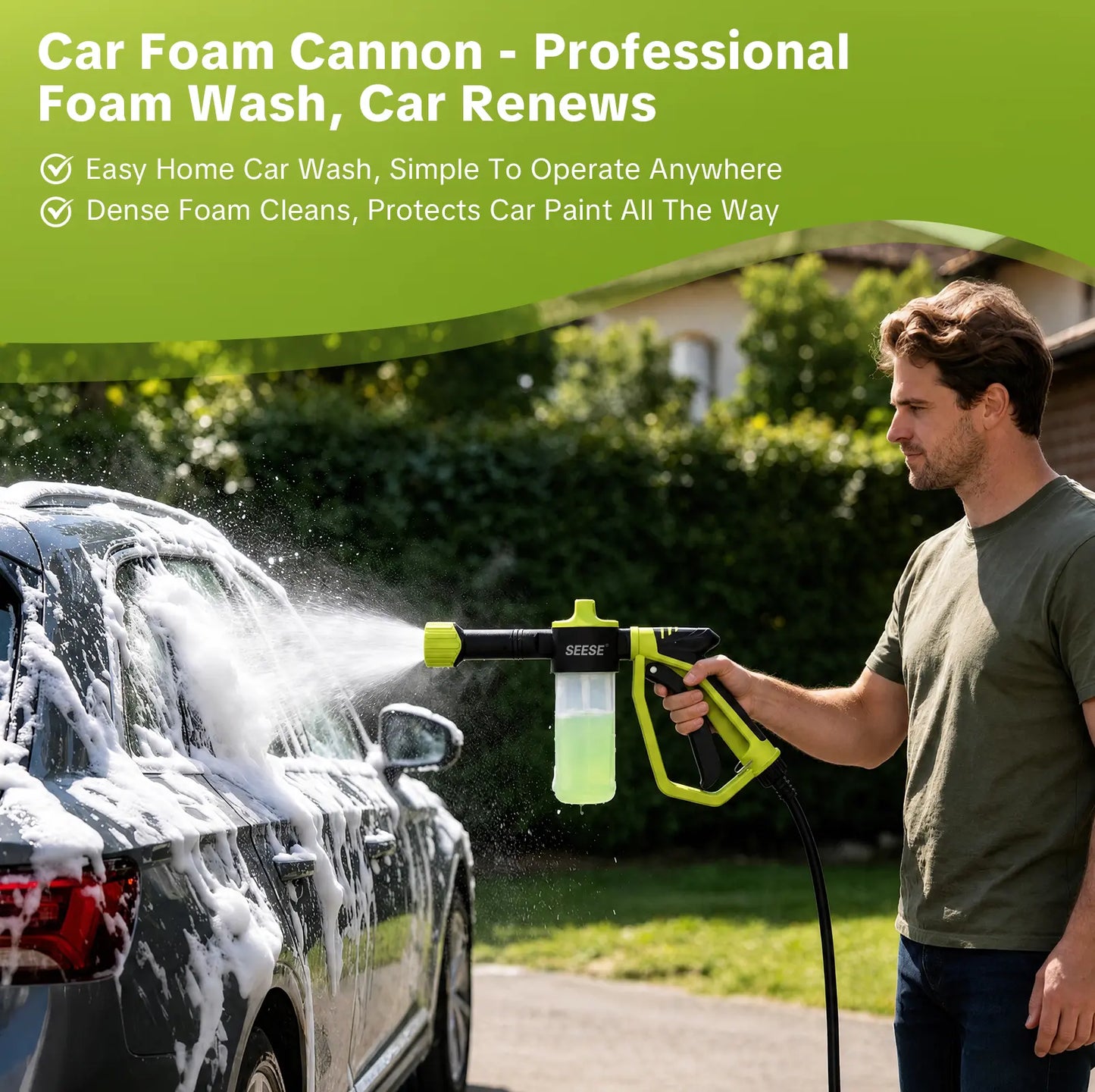 Seese Premium Foam Cannon for Garden Hose - High-Pressure Car Wash Foam Gun with 3 Spray Modes for Vehicles, Including Cars, Trucks, RVs, and Motorcycles